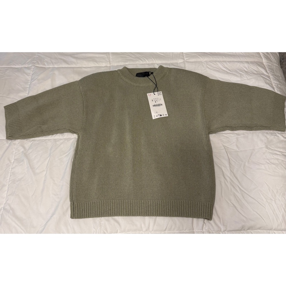 Zara‎ Sage Green Ribbed Knit Short Sleeve Sweater Crew Neck Small